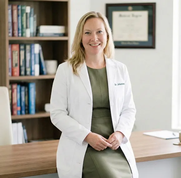 Dr. Jen Johannes, medical professional in Montrose, Colorado, portrait wearing a white lab coat and olive green dress, seated in her office with a bookshelf.